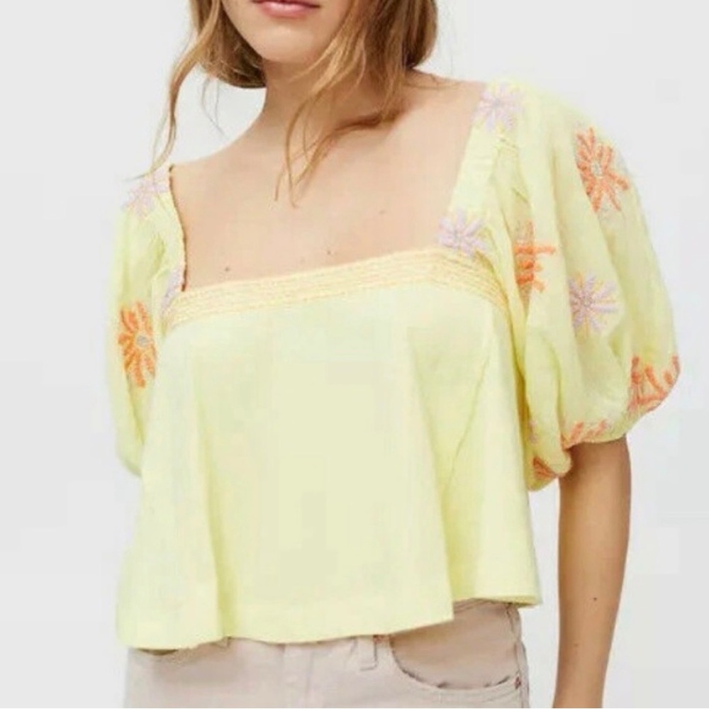 Urban Outfitters Pale Yellow Embroidered Puff Sleeve Crop Top